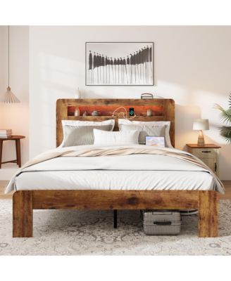 King Size Wood Platform Bed LED Storage Headboard 2 USB Charging Noise Free