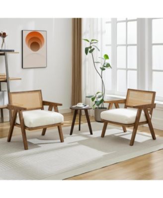 Mid-Century Farmhouse Accent Chair Set of 2 with Rattan Back