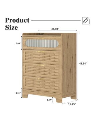 Wood 4 Drawer Dresser - Woven Wood Cabinet Top, Handles, Modern Chest of Drawers for Living Room, Bedroom
