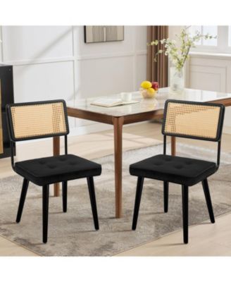 Rattan Dining Chairs Set of 2, Upholstered Boho Chairs with Solid Wood Frame