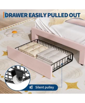 Bed Frame with Cat Headboard, RGB LED Lights, Storage Drawer & Wood Slats, Noise Free,