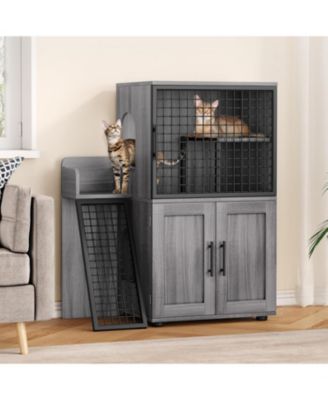 Modern Hidden Cat Litter Box Enclosure with Platform, Double-Layer Cabinet & Ladder