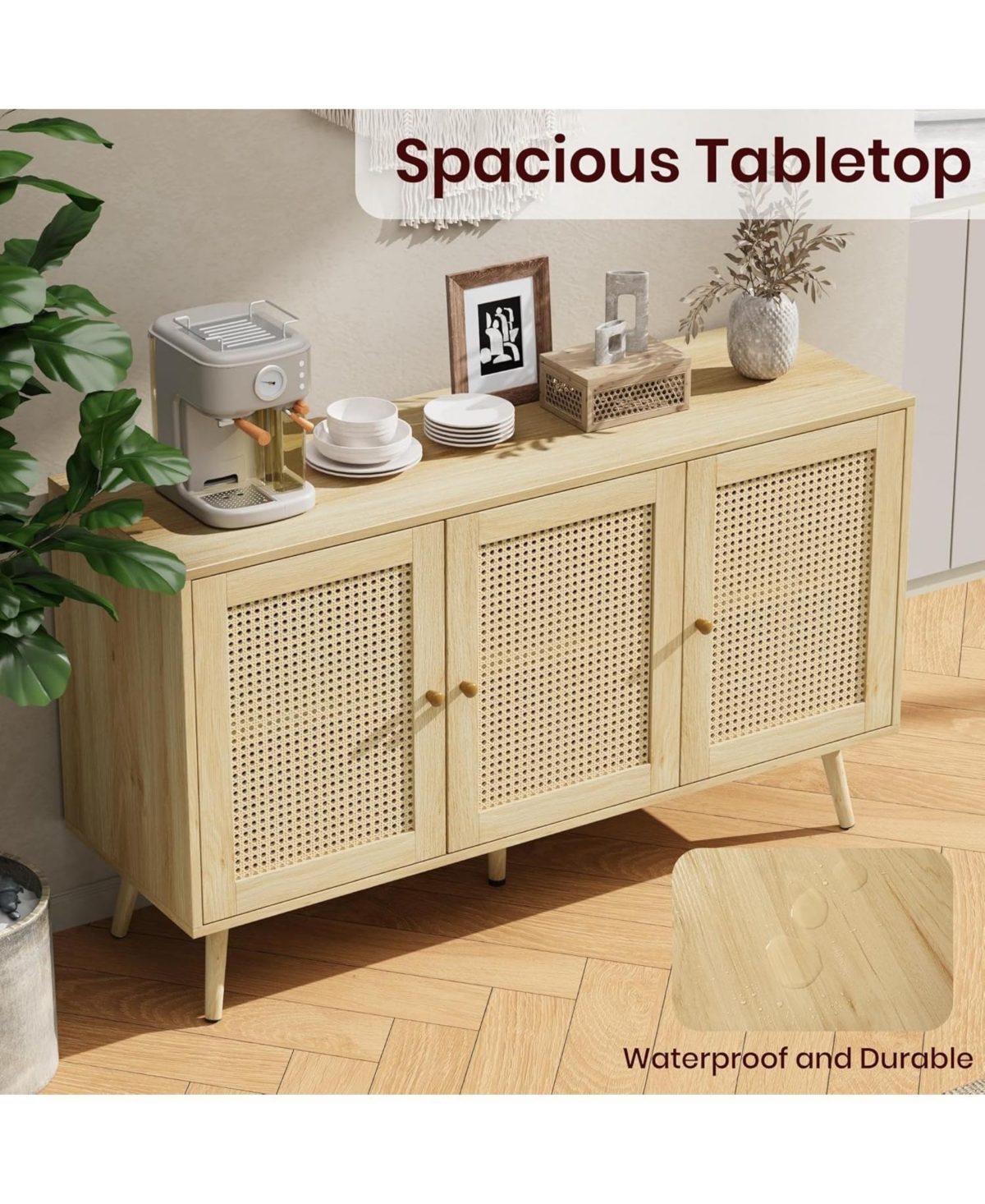 gaomon Buffet Storage Cabinet, 47.2" Rattan Sideboard with Adjustable Shelves, Modern Coffee Bar Credenza for Kitchen, Living Room, Entryway, Din