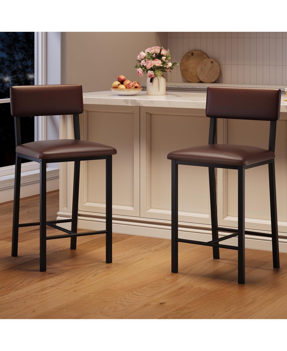 gaomon Bar Stools Set of 2, Pu Leather Counter Height Stools with Backrest and Footrest