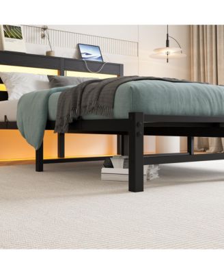 Full Size Metal Bed Wooden Headboard RGB Lights Charger Storage