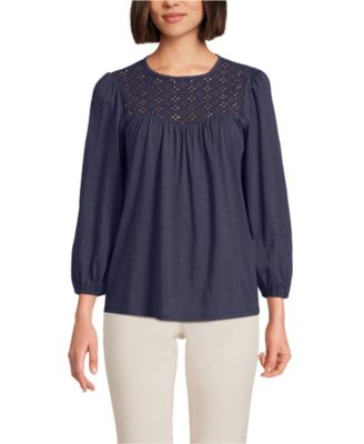 Women's 3/4 Sleeve Eyelet Mix Flowy Top