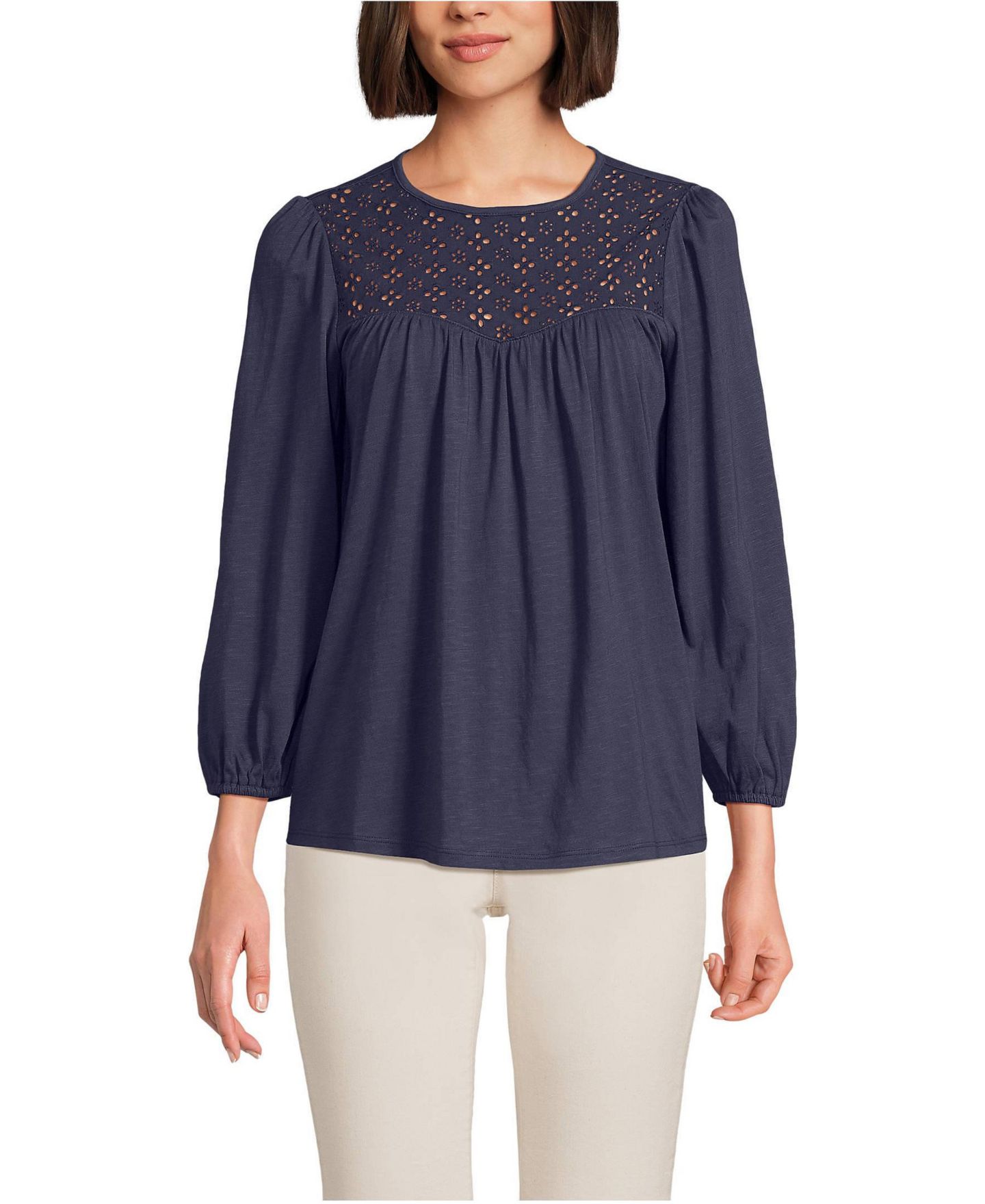 Женский топ Lands' End 3/4 Sleeve Eyelet Mix Flowy, цвет: Выцветший тёмно-синий — фото 1