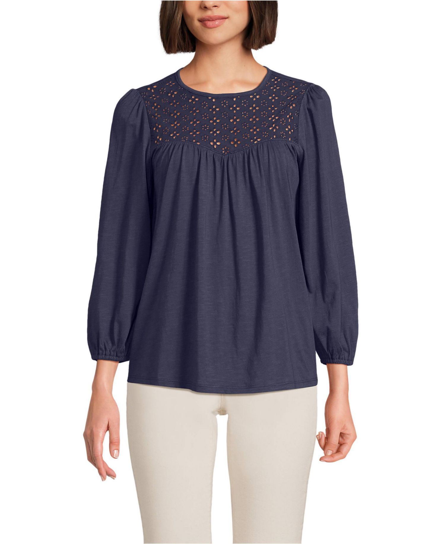 Women's 3/4 Sleeve Eyelet Mix Flowy Top