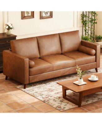 86" Faux Leather Sofa, Mid Century Modern Deep Seat Couch, Leather Couch with Upholstered Cushion and Removable Cover.