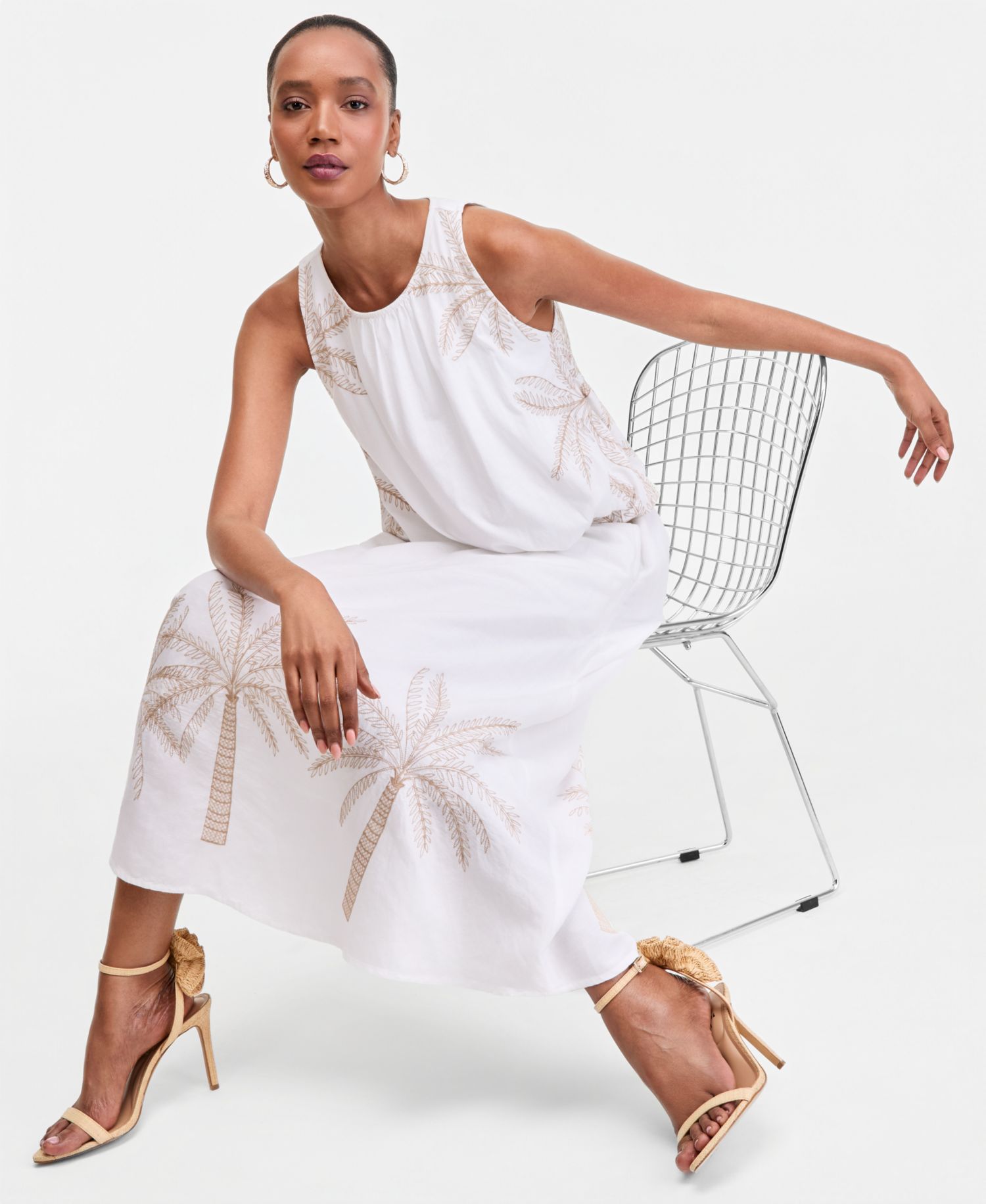 Women's Linen-Blend Embroidered Midi Skirt