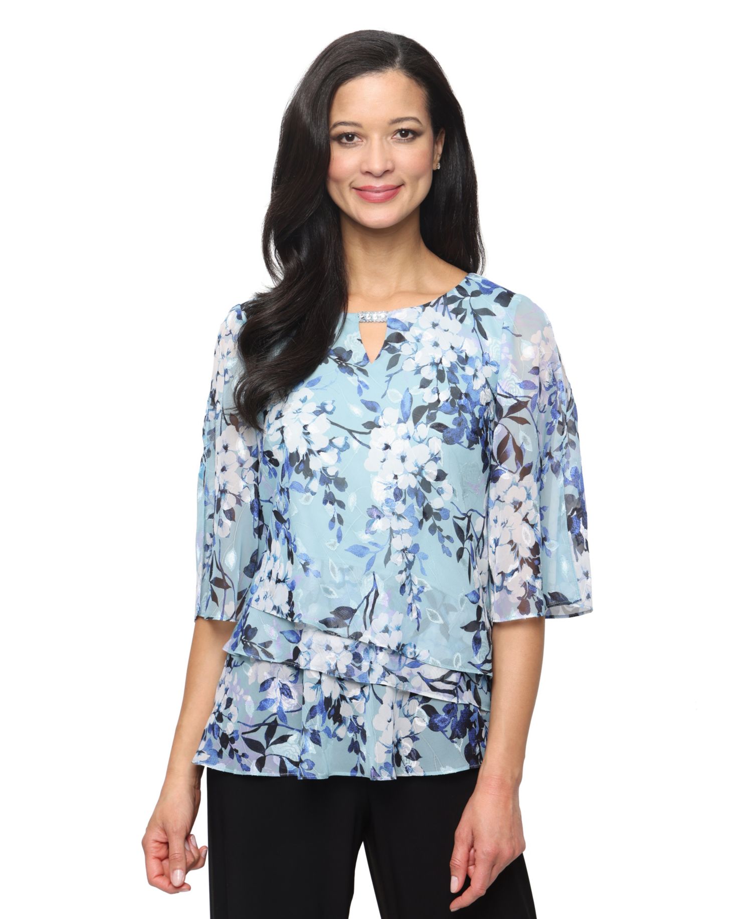 Women's Burnout Chiffon Keyhole Neck Blouse