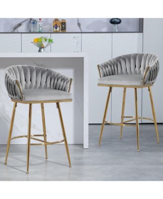 Velvet Bar Stools Set of 2 - Hand-Wave Back, Golden Chrome Base and Footrest, Counter Height Chairs for Kitchen Island, Home Pub