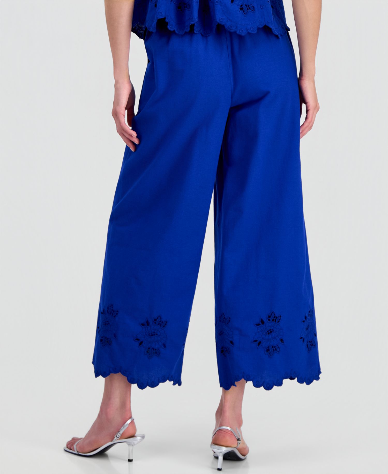 Women's Linen-Blend Cutwork-Hem Pull-On Pants