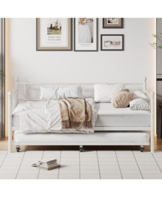 Twin Daybed with Trundle, Metal Trundle Bed, Sofa Bed Frame, Heavy Duty Metal Slats, for Living Room, Bedroom, Guest Room, Space Saving