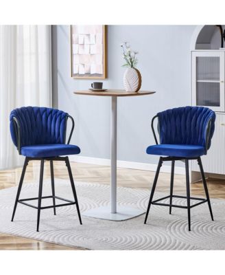 Velvet Bar Stool Set of 2, Swivel Counter Height Chairs with Metal Frame and Woven Rope Backrest for Kitchen Island, Home Pub