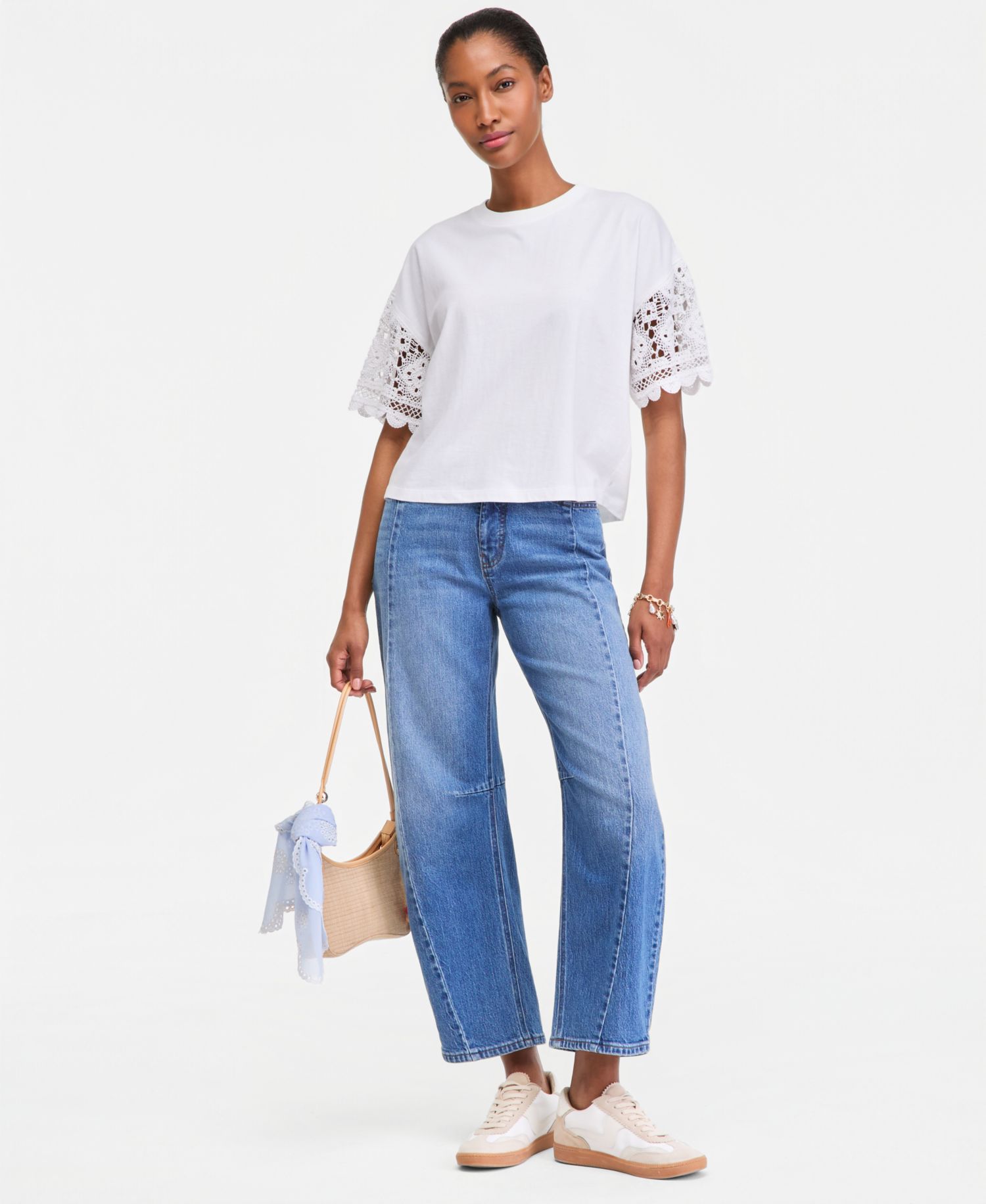 Women's Crochet-Sleeve Jersey T-Shirt