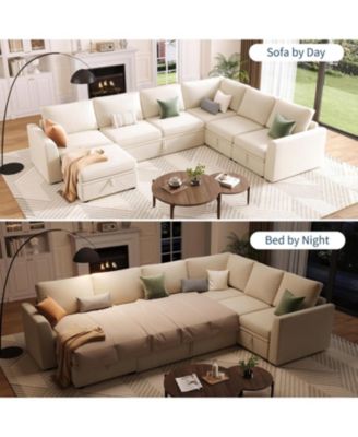 Sectional Sleeper Sofa with Pull Out Bed, Chenille Modular Sectional Sofa L Shaped Couch with Pull Out Couch and Storage Seat