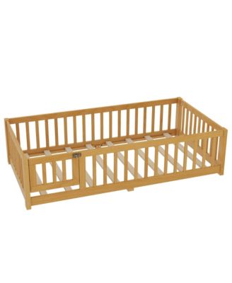 Kids Floor Bed with Safety Guardrails Removable Slats and Door Wood Construction