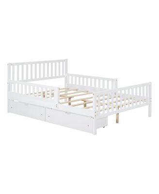  Wood Platform Bed with Dual Side Guardrails Two Storage Drawers and Slat Support