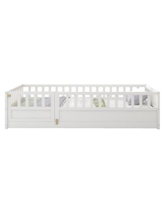 Montessori Wooden Floor Bed With Support Slat High Barrier And Door