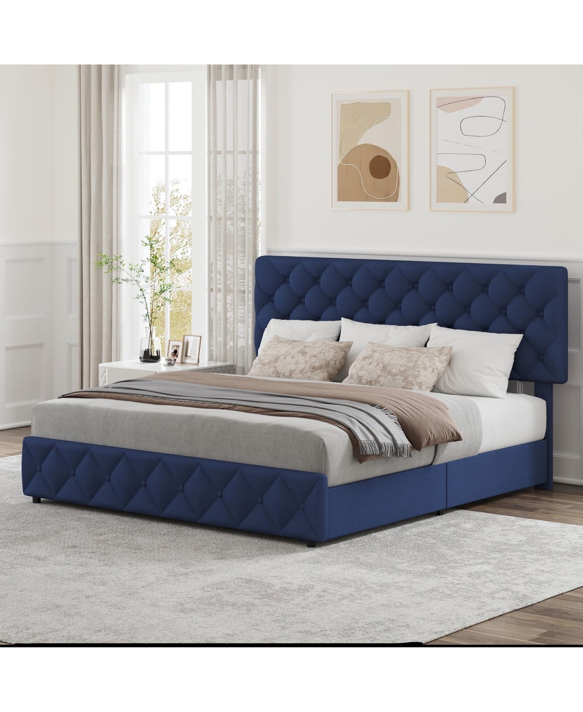 gaomon Queen Bed Frame with Adjustable Headboard & 4 Xl Drawers, Linen Upholstered, Wood Slats, 1000lb Capacity, No Box Spring