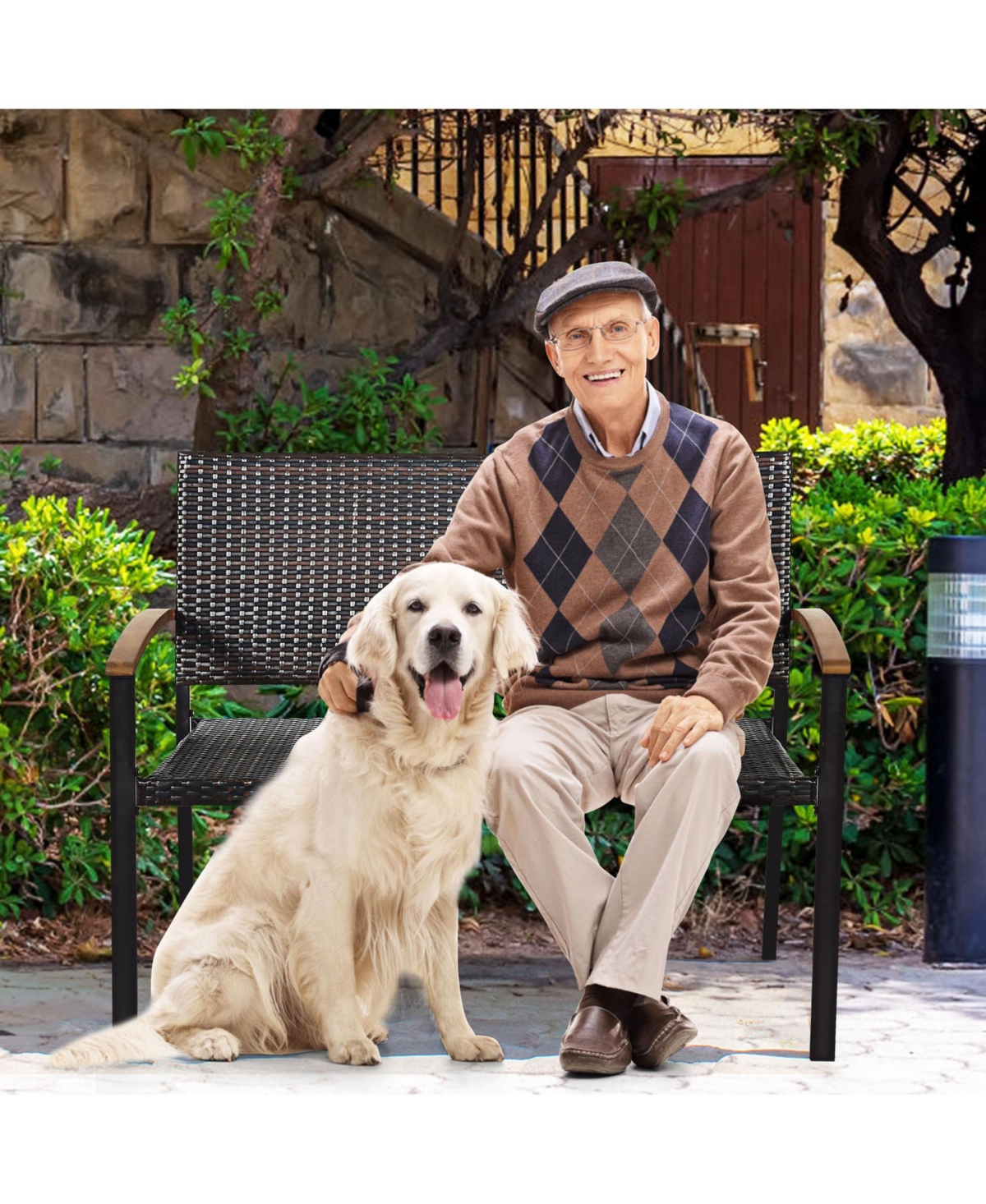 Gymax Patio Wicker Bench All Weather Rattan Chair Loveseat w/ Acacia Armrest