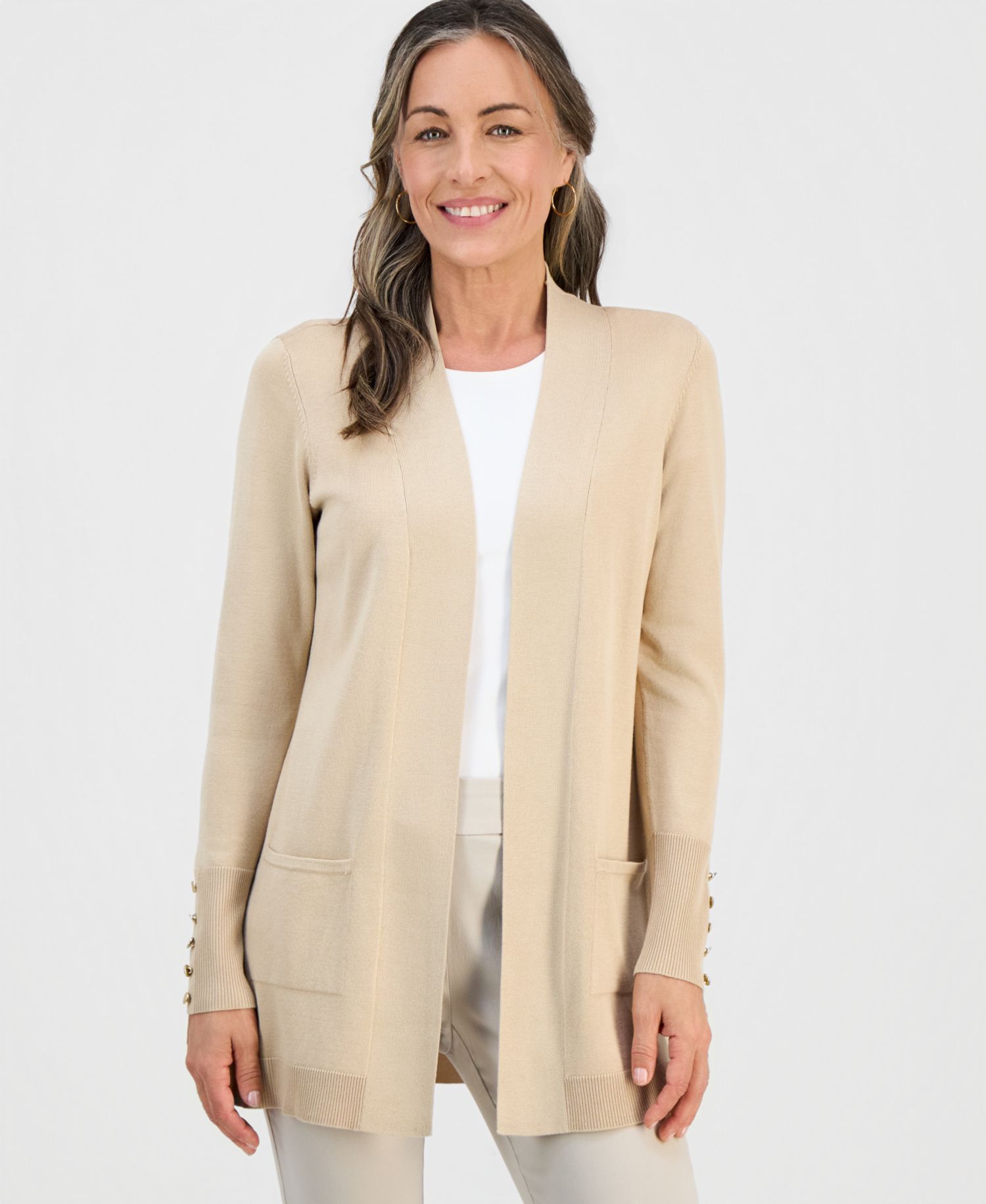 Petite Open-Front Button-Cuff Cardigan Sweater
