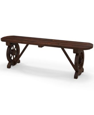 Rustic Wood Bench w/ Wagon Wheel Base Slatted Seat Design Max Load Patio