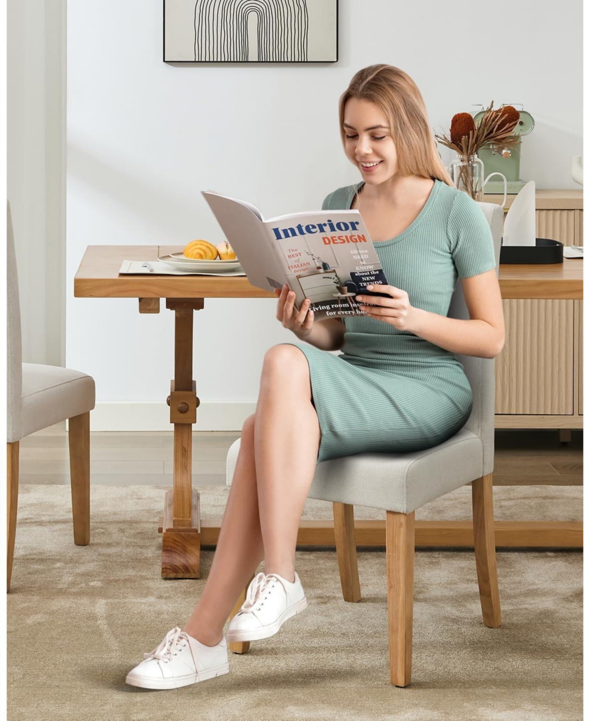 gaomon Dining Chairs Set of 2,Modern Fabric Upholstered Ergonomic Chairs with Curved Backrest,Heavy-Duty Wood Legs for Dining Room Kitchen Home Office