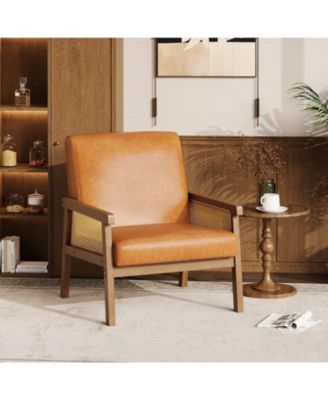 PU Leather Accent Chair,Rattan Armchair with Wooden Frame,High Back,Upholstered Reading Chair Leisure Chairs for Living Room Bedroom