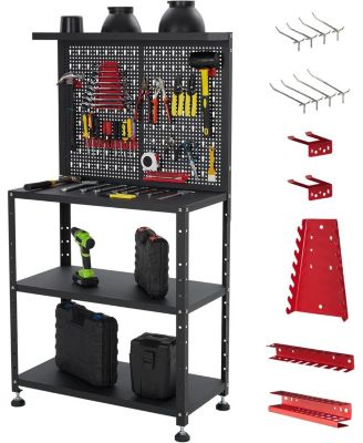 Heavy Duty Garage Workbench with Pegboard,32" Adjustable Garage Workbench with Tool Organizer,Industrial Metal Work Table with Shelves