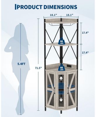 72in Corner Wine Cabinet with Power Outlet, Industrial Wine Cabinet w/LED Strip&Glass Holder, 5 Tiers Liquor Cabinets Bar for Home, Small Space
