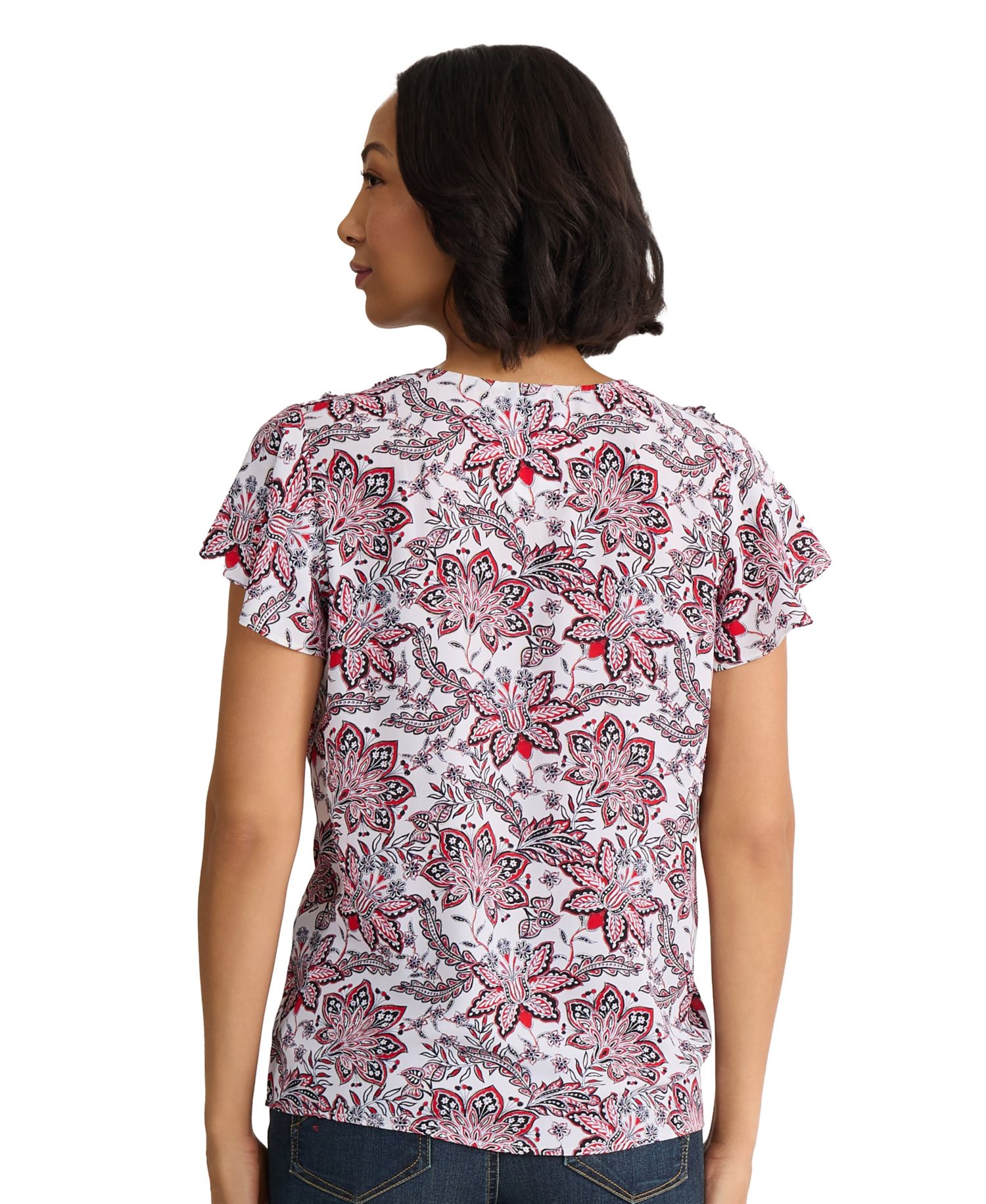 Women's Flutter-Sleeve Printed V-Neck Blouse