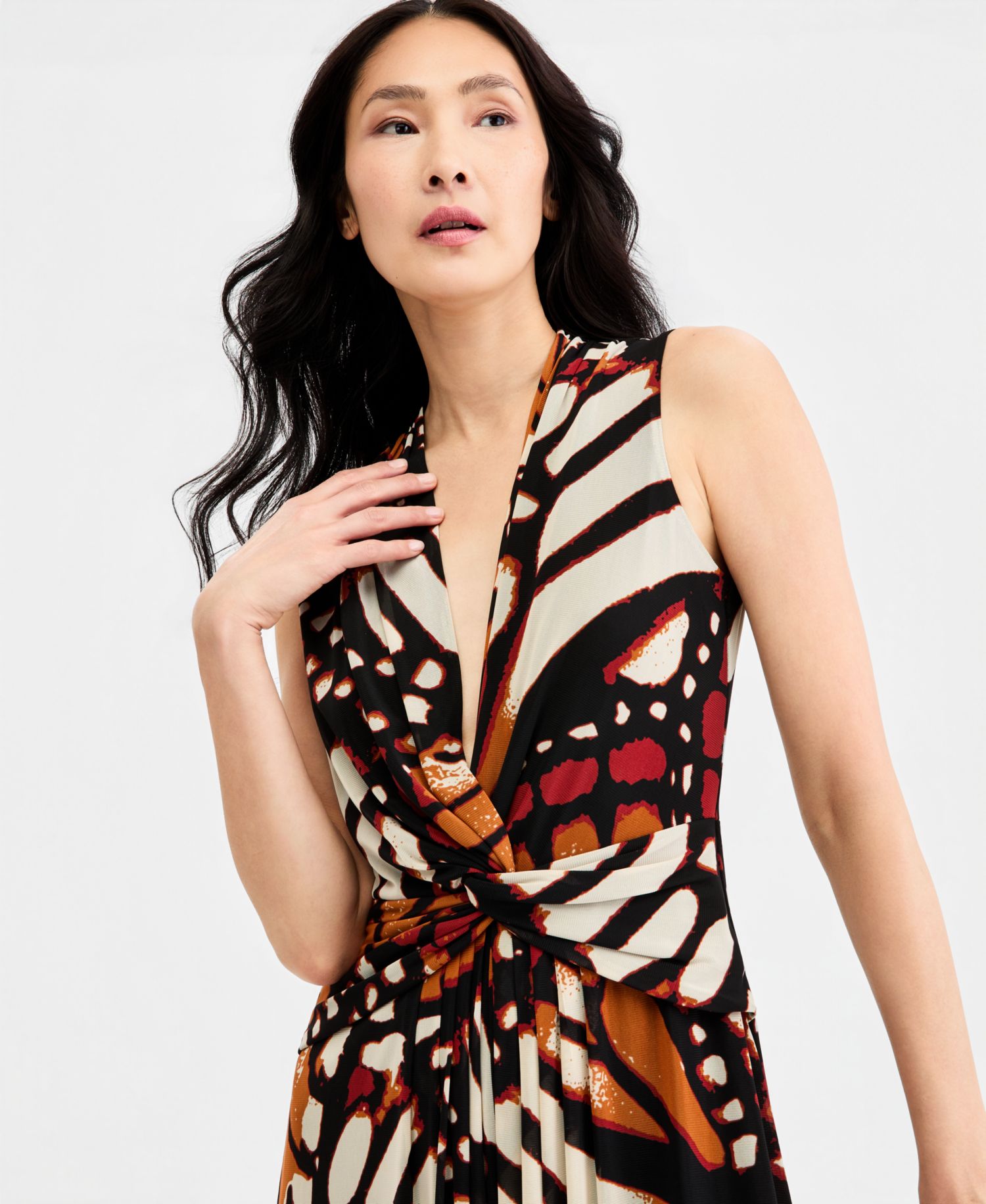Women's Twist Front Sleeveless Midi Printed Mesh Dress
