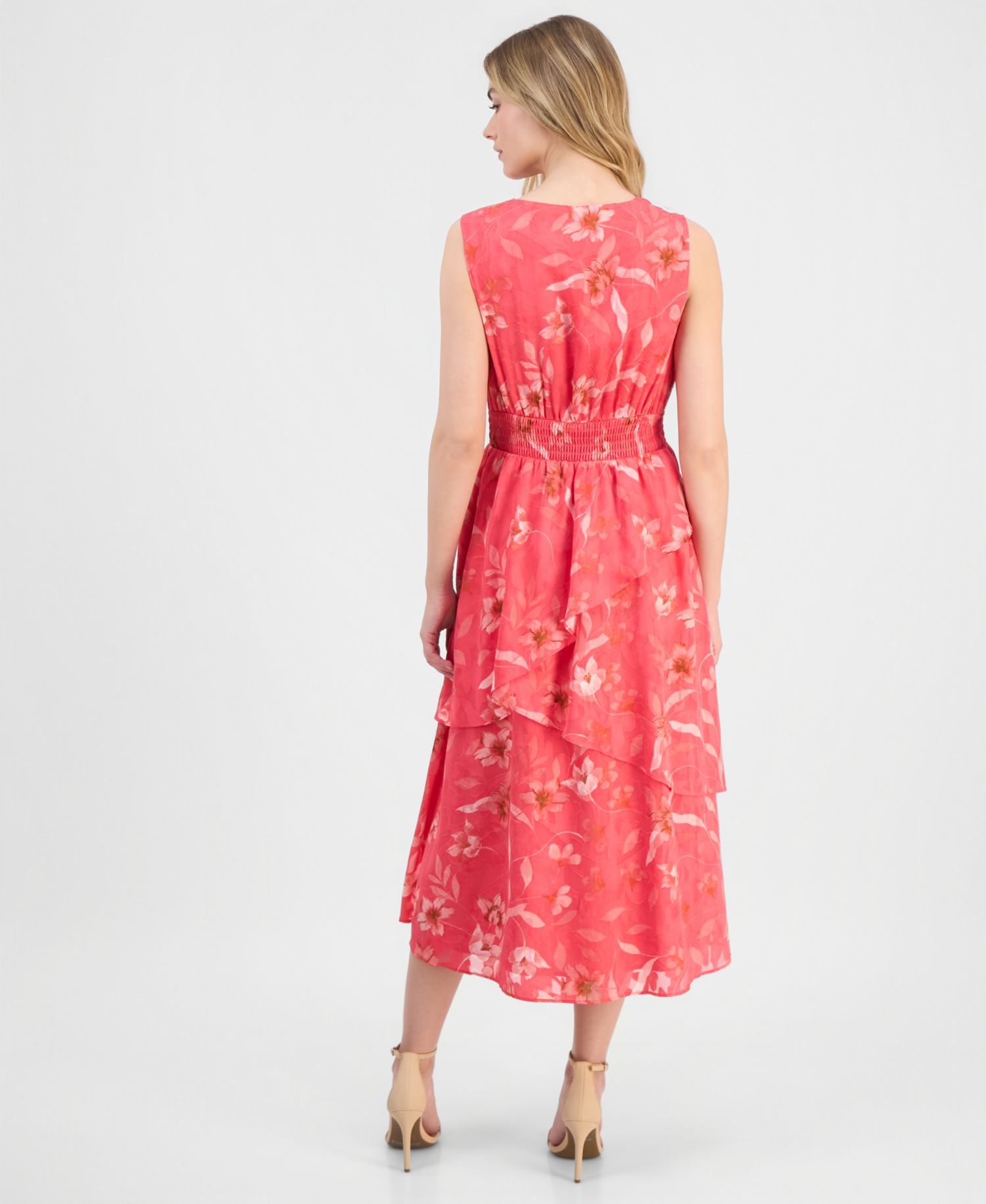 Women's Asymmetric-Tiered Floral Chiffon Midi Dress