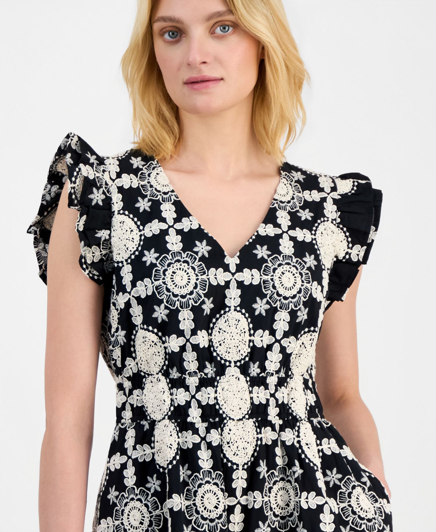 Women's V-Neck Ruffle-Sleeve Embroidered Cotton Dress
