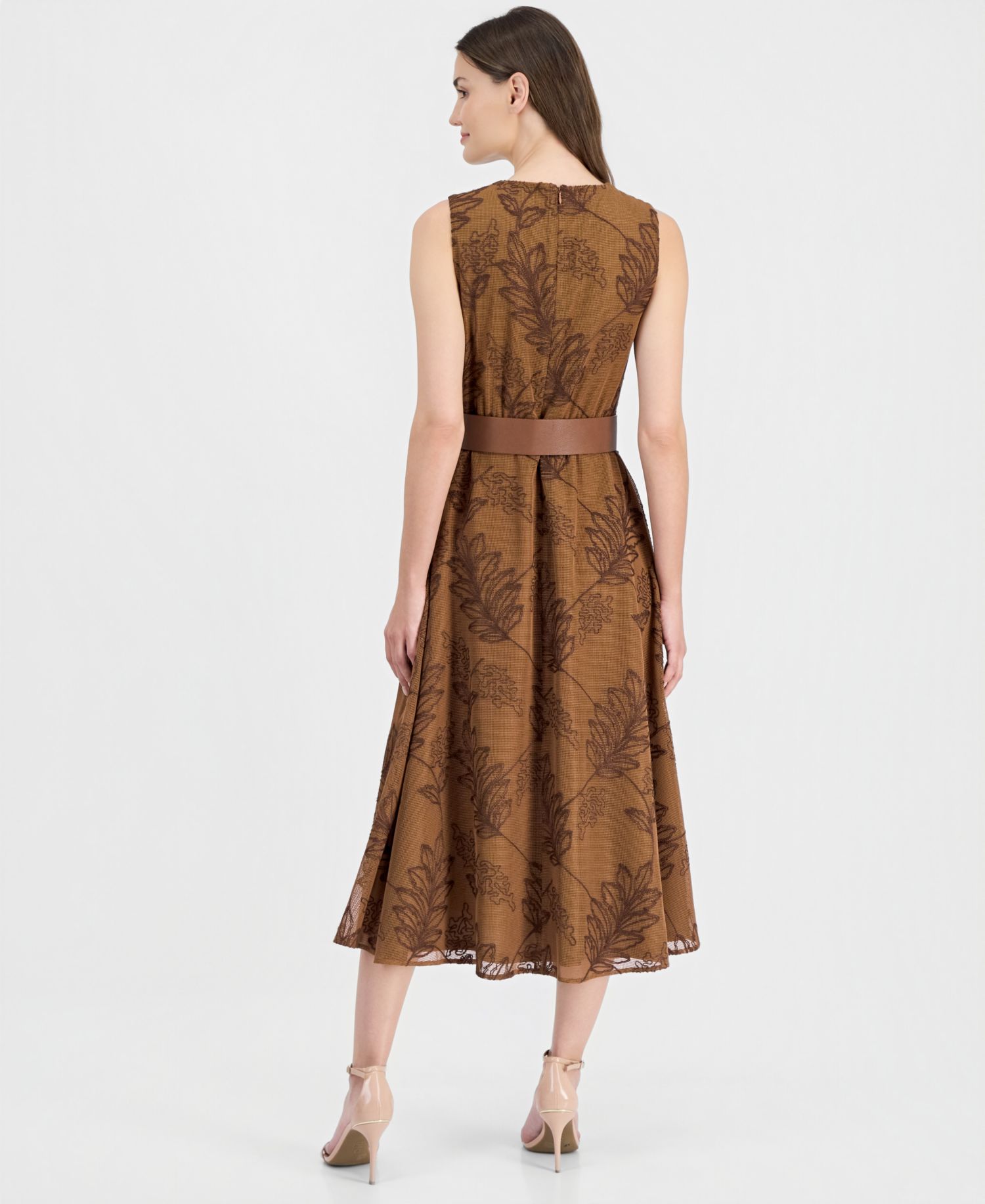 Women's V-Neck Embroidered Belted Midi Dress