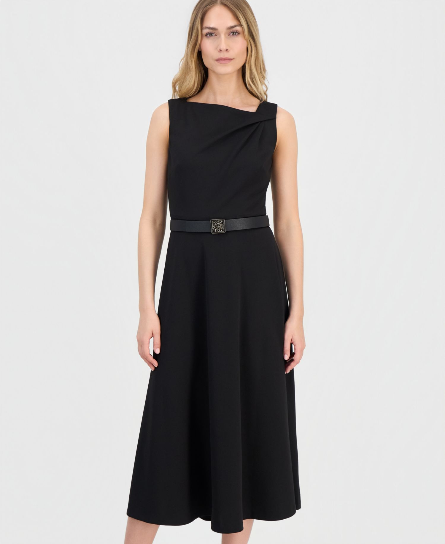 Women's Asymmetric-Neck Belted Midi Dress
