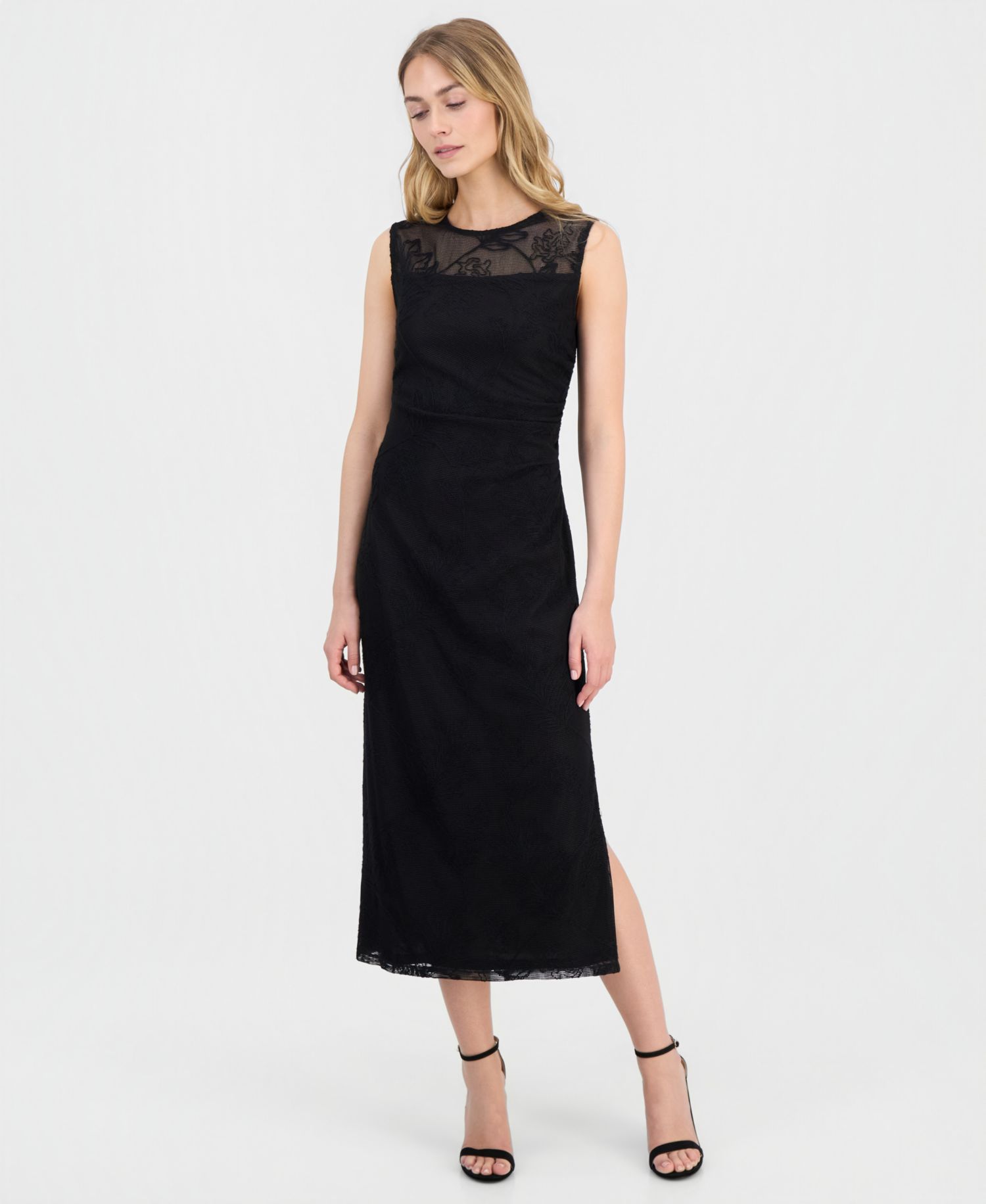 Women's Embroidered-Tulle Sleeveless Midi Dress