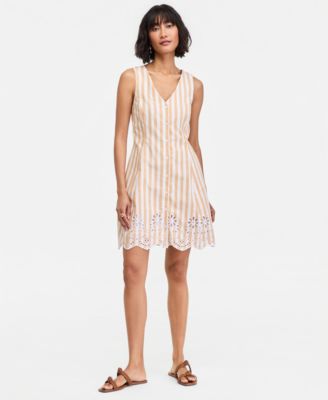 Women's Striped Linen Blend Embroidered Button-Front Mini Dress