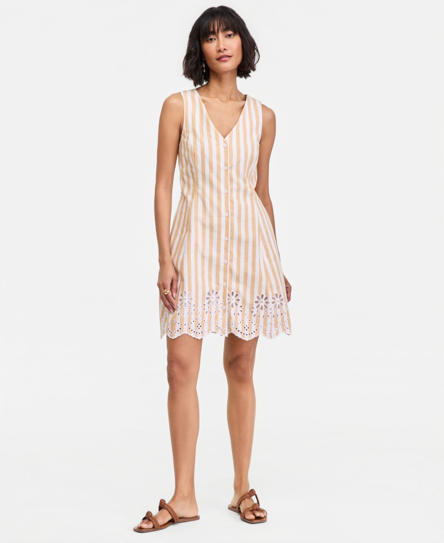 Women's Striped Linen Blend Embroidered Button-Front Mini Dress