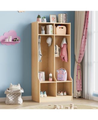 2-Section Classroom Coat Locker with 4 Cubbies, Daycare Cubby Storage Organizer with 4 Hooks for Home, School, Nursery, Kindergarten