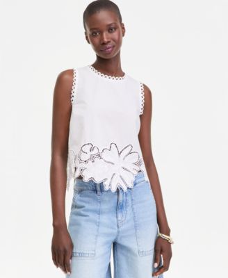 Women's Cotton Floral-Cutwork Lace-Trim Tank Top