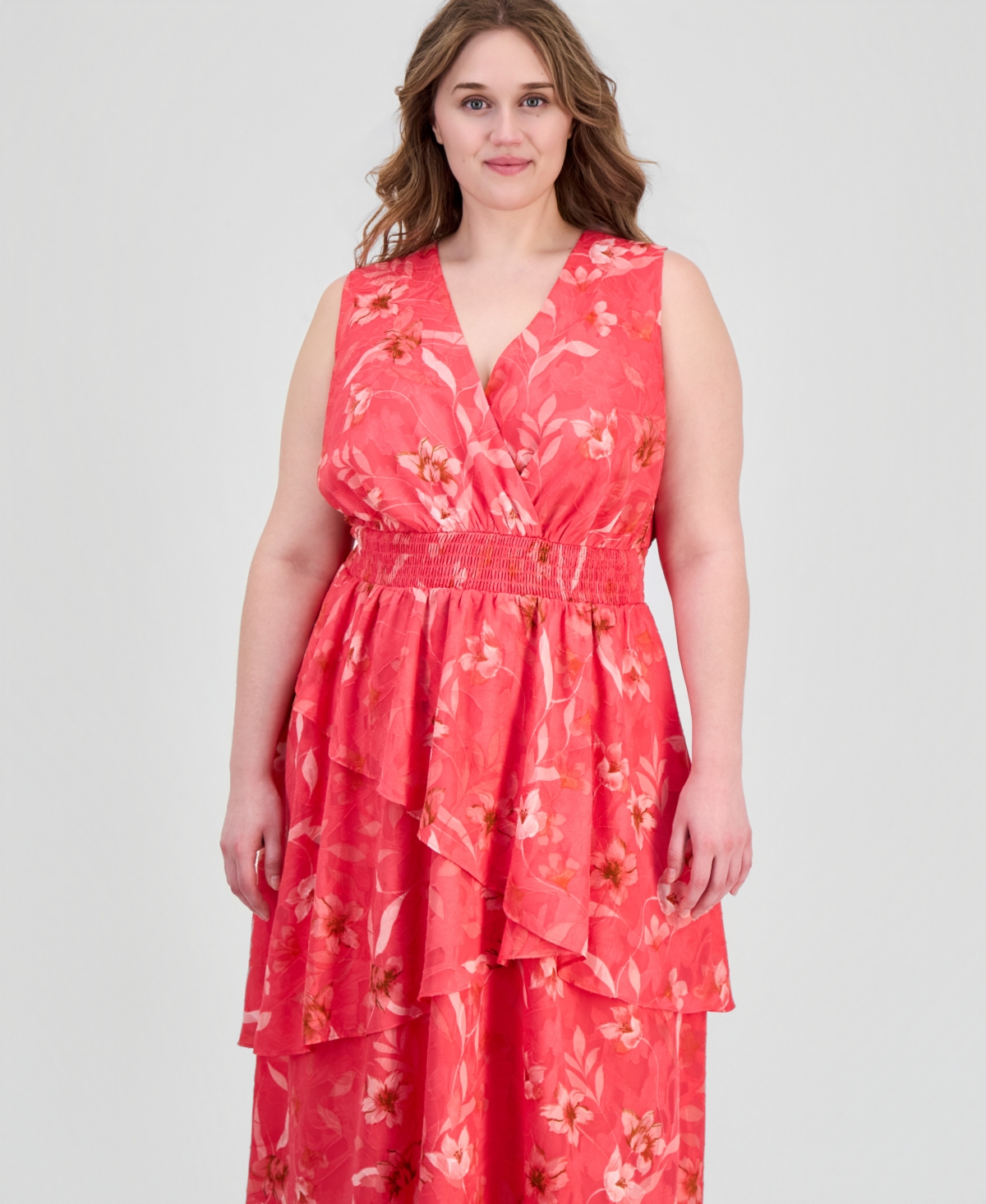 Anne Klein Plus Smocked-Waist Tiered Midi Dress