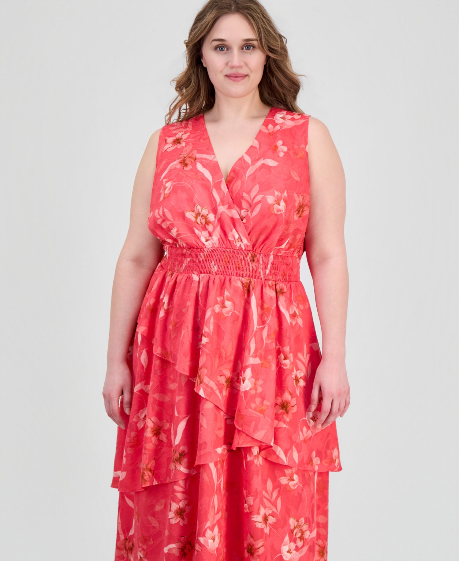 Plus Size Smocked-Waist Tiered Midi Dress