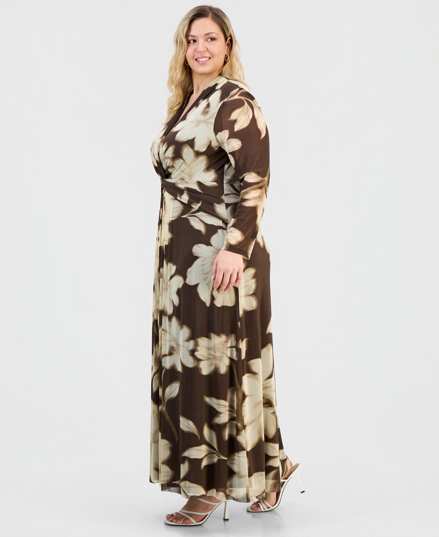 Plus Size Printed Twist-Front Long-Sleeve Mesh Maxi Dress