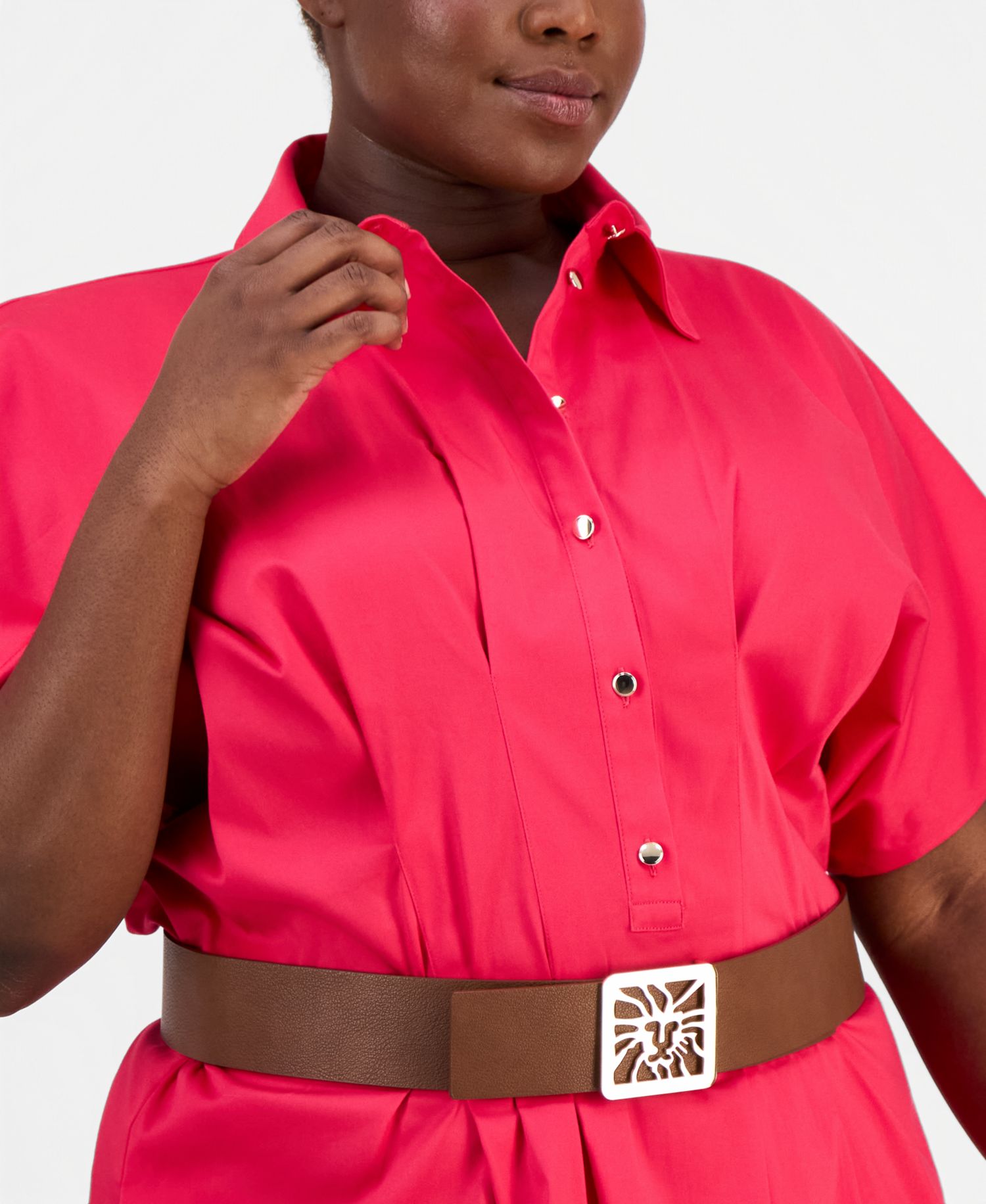 Plus Size Belted Pleated Midi Shirtdress