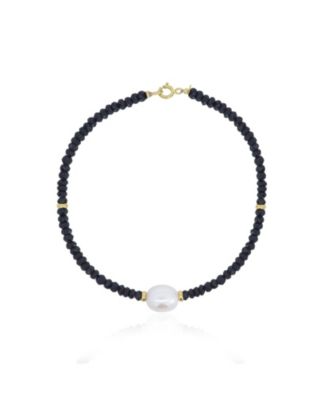 Black Spinel Bead Pearl Bracelet 14k Gold