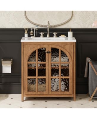 Bathroom Vanity with Ceramic Sink, Vintage Rustic Cabinet with Bronze Pulls and 2 Soft-Closing Doors, Antique Natural Finish
