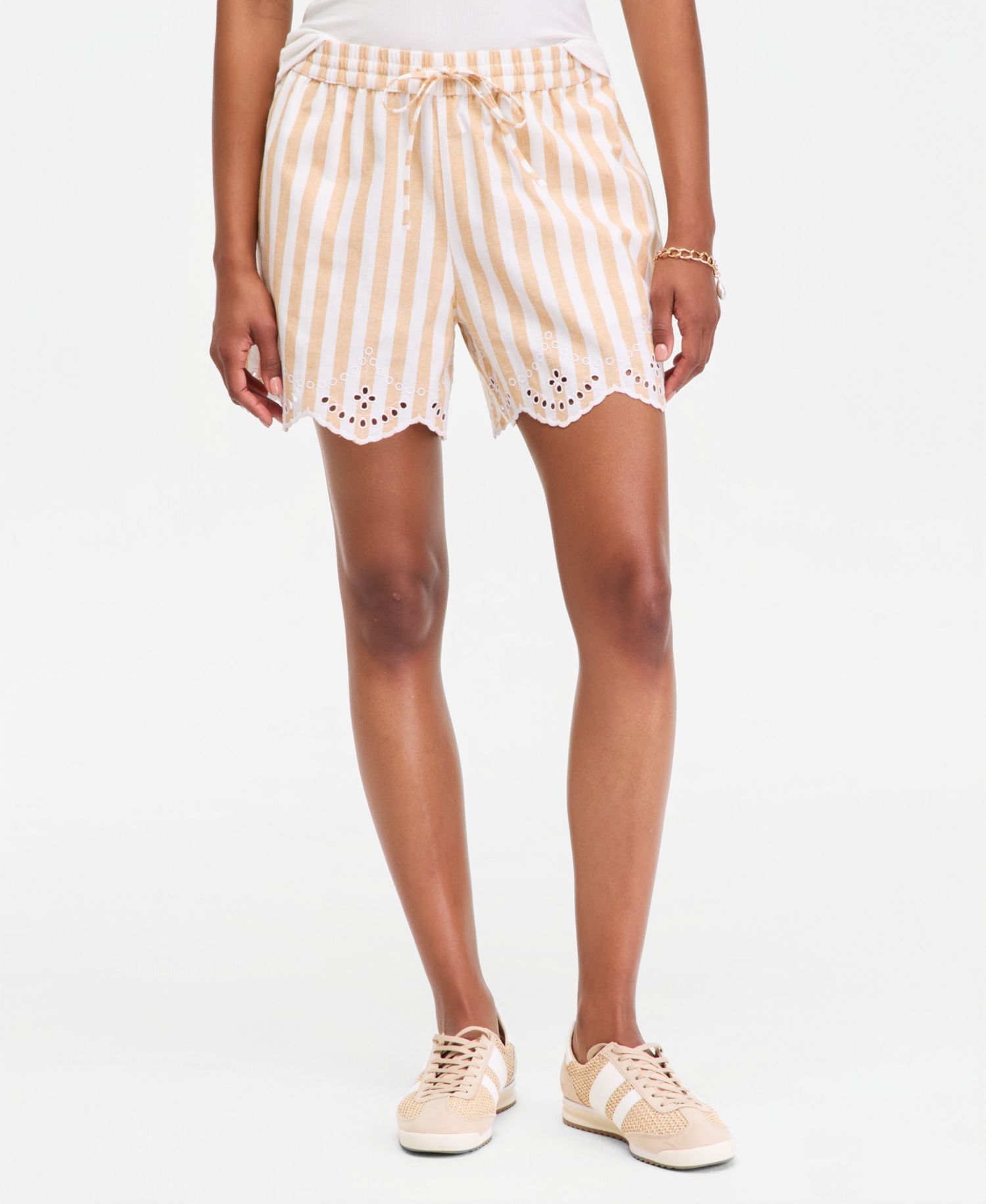 Women's Stripe Mid-Rise Embroidered Eyelet Linen Blend Pull-On Shorts